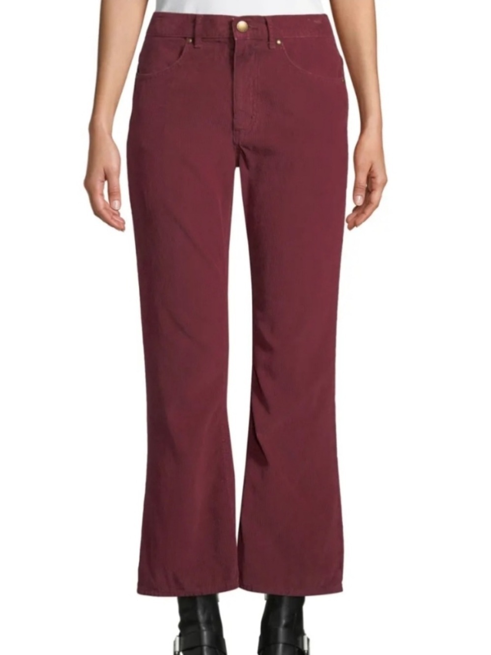 The GREAT Rider High Rise Flare Jeans in Burgundy